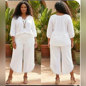 Boho 1X Capri White Cropped Soft Stretch Ponte Knit Pull-On Fringe Slimming New